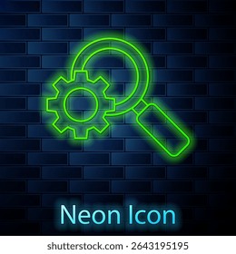 Glowing neon line Magnifying glass and gear icon isolated on brick wall background. Search gear tool. Business analysis symbol.  Vector Illustration
