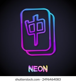 Glowing neon line Mahjong pieces icon isolated on black background. Chinese mahjong red dragon game emoji.  Vector