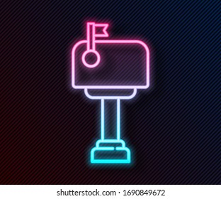 Glowing neon line Mail box icon isolated on black background. Mailbox icon. Mail postbox on pole with flag.  Vector Illustration