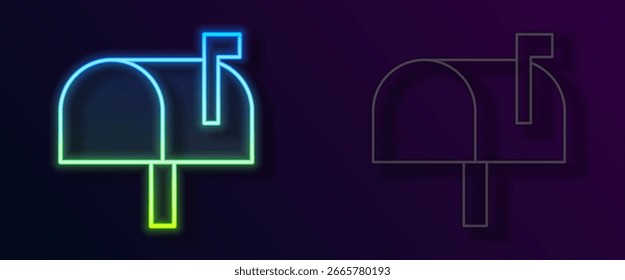 Icono de caja de correo de línea de neón brillante aislado sobre fondo negro. Icono de buzón. Buzón de correo en poste con bandera.  Vector