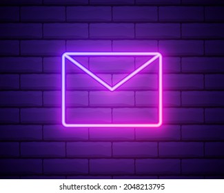 Glowing neon line Mail and e-mail icon isolated on brick wall background. Envelope symbol e-mail. Email message sign. Colorful outline concept. Vector.