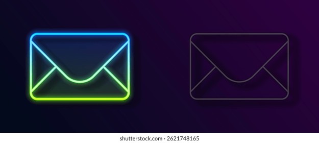 Linha de neon brilhante Ícone de e-mail e e-mail isolado no fundo preto. E-mail com símbolo de envelope. Sinal de mensagem de email.  Vetor