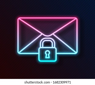 Glowing neon line Mail message lock password icon isolated on black background. Envelope with padlock. Private, security, secure, protection, privacy.  Vector Illustration