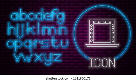 Glowing neon line Makeup mirror with lights icon isolated on brick wall background. Neon light alphabet. Vector Illustration