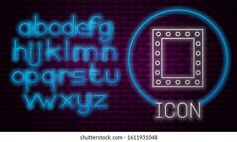 Glowing neon line Makeup mirror with lights icon isolated on brick wall background. Neon light alphabet. Vector Illustration