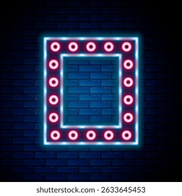 Espejo de maquillaje de línea de neón brillante con el icono de luces aislado en el fondo de la pared de ladrillo. Concepto de contorno colorido. Vector