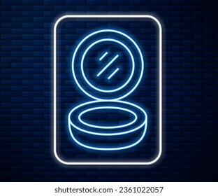 Glowing neon line Makeup powder with mirror icon isolated on brick wall background.  Vector