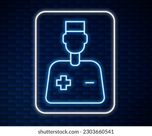 Glowing neon line Male doctor icon isolated on brick wall background.  Vector
