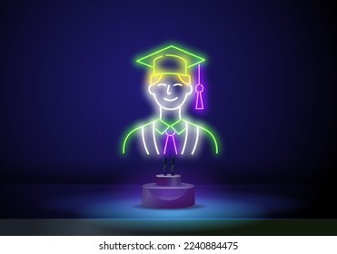 Glowing neon line Male graduate student profile with gown and graduation cap icon isolated