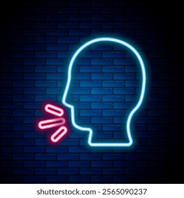 Glowing neon line Man coughing icon isolated on brick wall background. Viral infection, influenza, flu, cold symptom. Tuberculosis, mumps, whooping cough. Colorful outline concept. Vector.