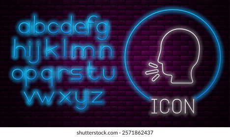 Glowing neon line Man coughing icon isolated on brick wall background. Viral infection, influenza, flu, cold symptom. Tuberculosis, mumps, whooping cough. Neon light alphabet. Vector.