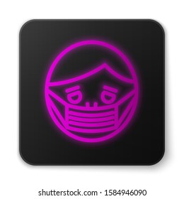 Glowing neon line Man face in a medical protective mask icon isolated on white background. Quarantine. Black square button. Vector Illustration