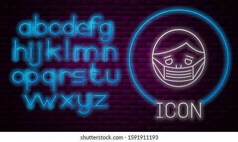 Glowing neon line Man face in a medical protective mask icon isolated on brick wall background. Quarantine. Neon light alphabet. Vector Illustration