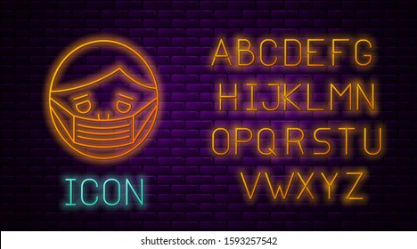 Glowing neon line Man face in a medical protective mask icon isolated on brick wall background. Quarantine. Neon light alphabet. Vector Illustration