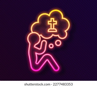 Glowing neon line Man graves funeral sorrow icon isolated on black background. The emotion of grief, sadness, sorrow, death.  Vector