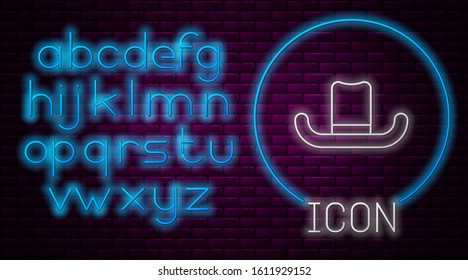 Glowing neon line Man hat with ribbon icon isolated on brick wall background. Neon light alphabet. Vector Illustration