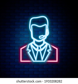 Glowing neon line Man with a headset icon isolated on brick wall background. Support operator in touch. Concept for call center, client support service. Colorful outline concept. Vector