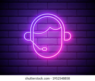 Glowing neon line Man with a headset icon isolated on brick wall background. Support operator in touch. Concept for call center, client support service. Colorful outline concept. Vector.