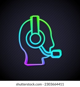Glowing neon line Man with a headset icon isolated on black background. Support operator in touch. Concept for call center, client support service.  Vector