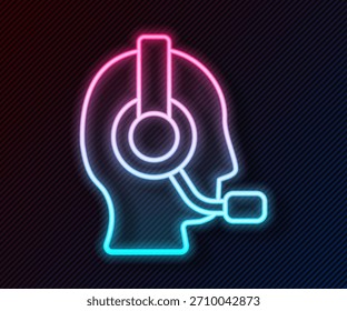 Linha de neon brilhante Homem com um ícone de headset isolado no fundo preto. Operador de suporte em contato. Conceito para call center, serviço de suporte ao cliente.  Vetor
