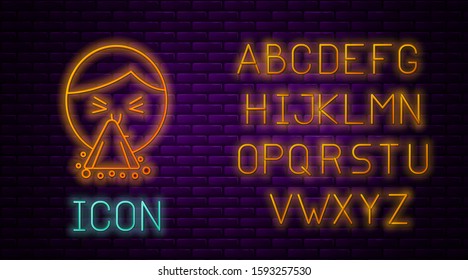 Glowing neon line Man holding handkerchief or napkin to his runny nose icon isolated on brick wall background. Coryza desease symptoms. Neon light alphabet. Vector Illustration