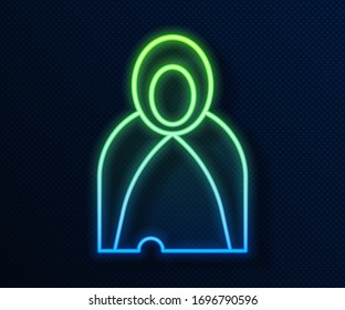 Glowing neon line Mantle, cloak, cape icon isolated on blue background. Magic cloak of mage, wizard and witch for halloween design.  Vector Illustration