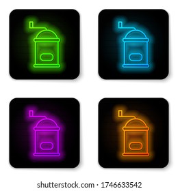 Glowing neon line Manual coffee grinder icon isolated on white background. Black square button. Vector Illustration