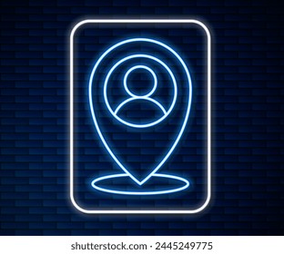 Glowing neon line Map marker with a silhouette of a person icon isolated on brick wall background. GPS location symbol.  Vector