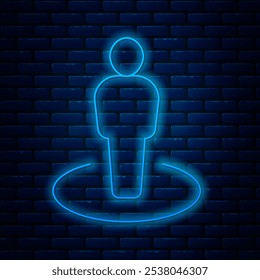 Glowing neon line Map marker with a silhouette of a person icon isolated on brick wall background. GPS location symbol.  Vector