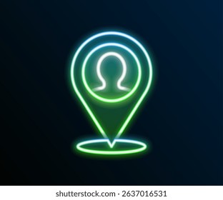 Glowing neon line Map marker with a silhouette of a person icon isolated on black background. GPS location symbol. Colorful outline concept. Vector