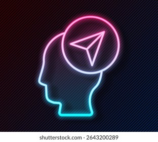Glowing neon line Map marker with a silhouette of a person icon isolated on black background. GPS location symbol.  Vector