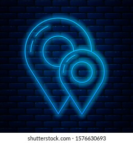 Glowing neon line Map pin icon isolated on brick wall background. Navigation, pointer, location, map, gps, direction, place, compass, contact, search concept.  Vector Illustration