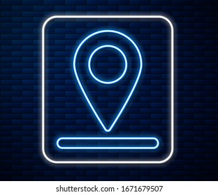 Glowing neon line Map pin icon isolated on brick wall background. Navigation, pointer, location, map, gps, direction, place, compass, search concept.  Vector Illustration