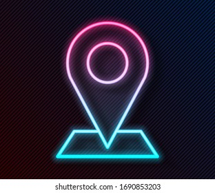 Icono de alfiler de neón de mapa aislado en fondo negro. Navegación, puntero, ubicación, mapa, gps, dirección, lugar, brújula, concepto de búsqueda. Ilustración vectorial