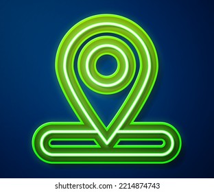 Línea de neón brillante Icono de alfiler de mapa aislado en fondo azul. Navegación, puntero, ubicación, mapa, gps, dirección, lugar, brújula, concepto de búsqueda.  Ilustración vectorial