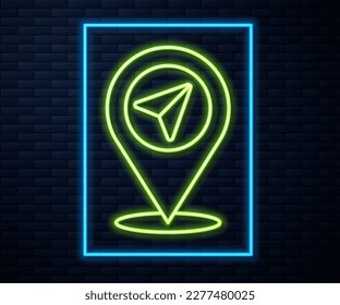 Línea de neón brillante Icono de alfiler de mapa aislado en el fondo de pared de ladrillo. Navegación, puntero, ubicación, mapa, gps, dirección, lugar, brújula, concepto de búsqueda.  Ilustración vectorial