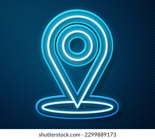 Línea de neón brillante Icono de alfiler de mapa aislado en fondo azul. Navegación, puntero, ubicación, mapa, gps, dirección, lugar, brújula, concepto de búsqueda.  Ilustración vectorial