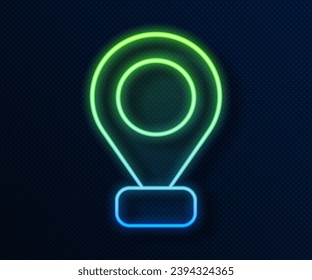 Glowing neon line Map pin icon isolated on blue background. Navigation, pointer, location, map, gps, direction, place, compass, search concept.  Vector