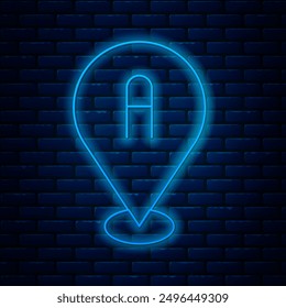 Glowing neon line Map pin icon isolated on brick wall background. Navigation, pointer, location, map, gps, direction, place, compass, search concept.  Vector