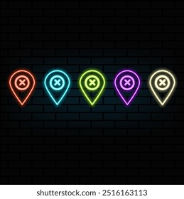 Glowing neon line Map pin icon isolated on brick wall background. Navigation, pointer, location, map, gps, direction, place, compass, search concept. Vector Illustration.