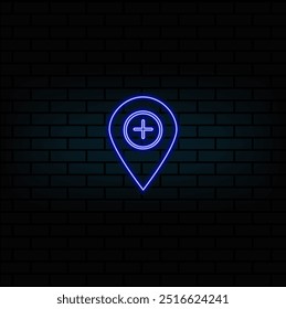 Glowing neon line Map pin icon isolated on brick wall background. Navigation, pointer, location, map, gps, direction, place, compass, search concept. Vector Illustration.