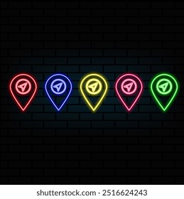 Glowing neon line Map pin icon isolated on brick wall background. Navigation, pointer, location, map, gps, direction, place, compass, contact, search concept. Vector Illustration.
