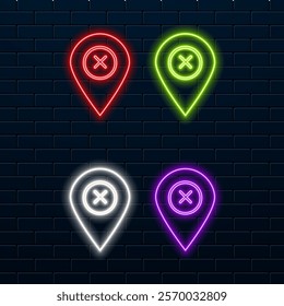 Glowing neon line Map pin icon isolated on black background. Navigation, pointer, location, map, gps, direction, place, compass, search concept. Colorful outline concept.