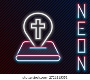 Glowing neon line Map pin church building icon isolated on black background. Christian Church. Religion of church. Colorful outline concept. Vector