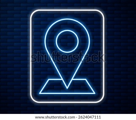 Glowing neon line Map pin icon isolated on brick wall background. Navigation, pointer, location, map, gps, direction, place, compass, search concept.  Vector Illustration