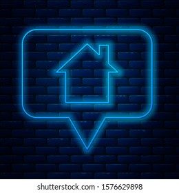 Glowing neon line Map pointer with house icon isolated on brick wall background. Home location marker symbol.  Vector Illustration