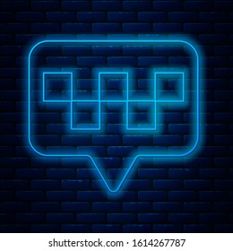 Glowing neon line Map pointer with taxi icon isolated on brick wall background. Location symbol.  Vector Illustration