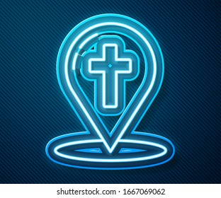 Glowing neon line Map pointer with christian cross icon isolated on blue background.  Vector Illustration