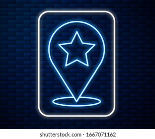 Glowing neon line Map pointer with star icon isolated on brick wall background. Star favorite pin map icon. Map markers.  Vector Illustration