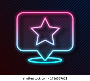 Glowing neon line Map pointer with star icon isolated on black background. Star favorite pin map icon. Map markers.  Vector Illustration
